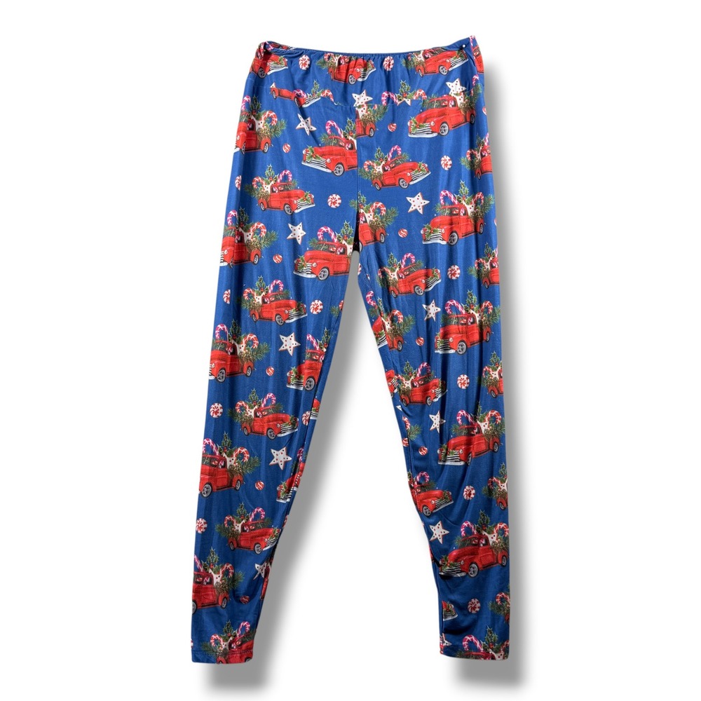 Fabulegs Christmas Leggings Blue Red Vintage Truck Candy Cane Holiday Large